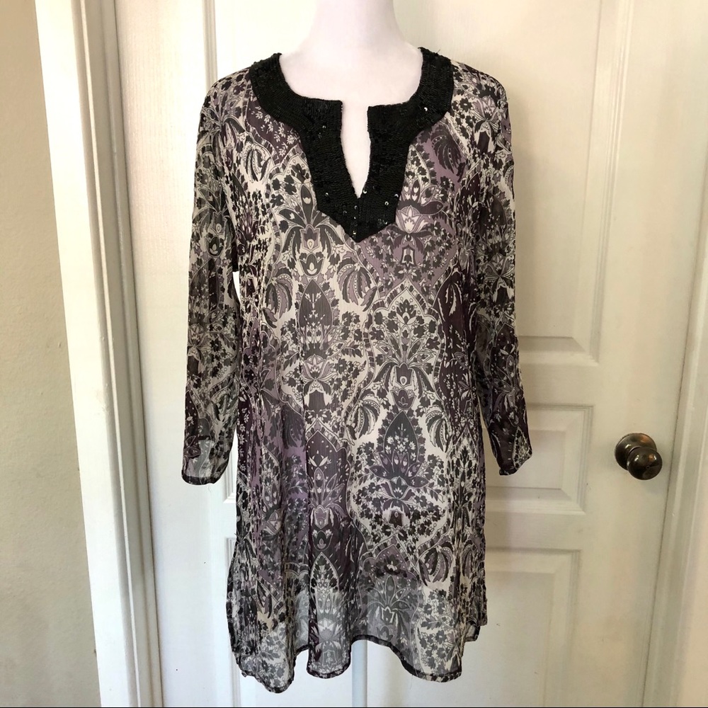 Now & Then sheer blouse with sequins neckline